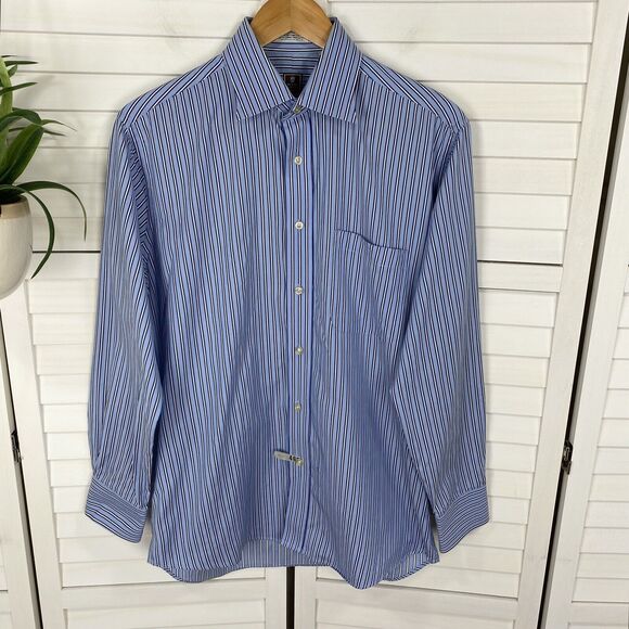Peter Millar Blue Stripe Button Front Shirt Long Sleeve Pocket Men Size 15 1/2 R - Picture 1 of 8